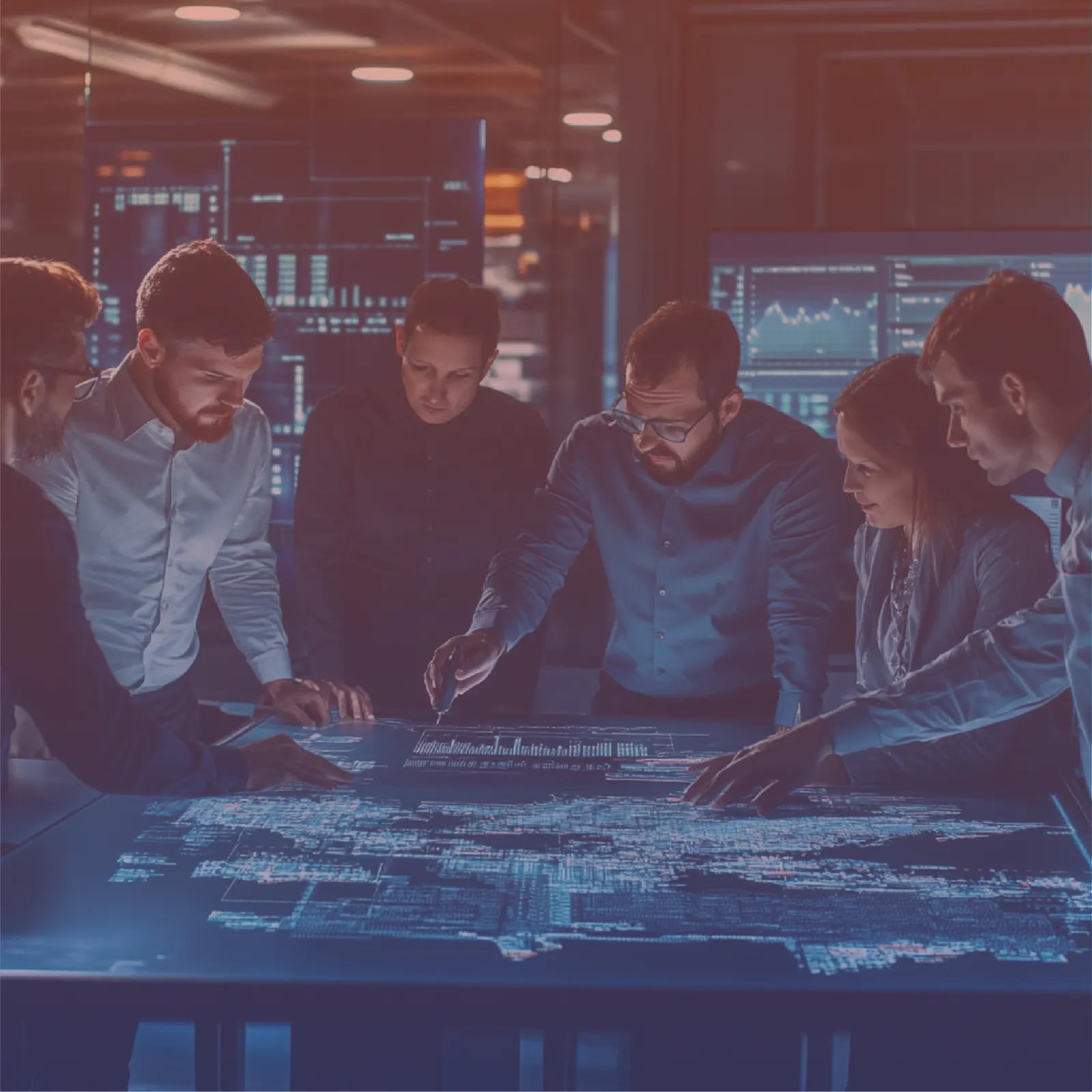 Team prüft Systemdatenflüsse an einem gemeinsamen Dashboard-Tisch